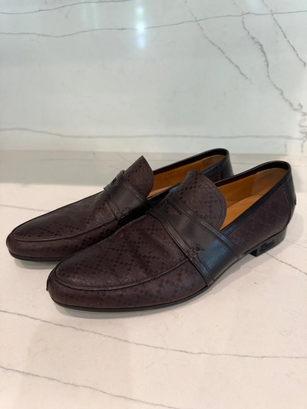 Gucci Dark Brown Monogram Leather Penny Loafers